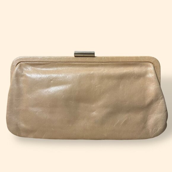 HOBO International Tan Lauren Wallet Leather 10" x‎ 5"  Clutch Tapestry Lining - Picture 1 of 9